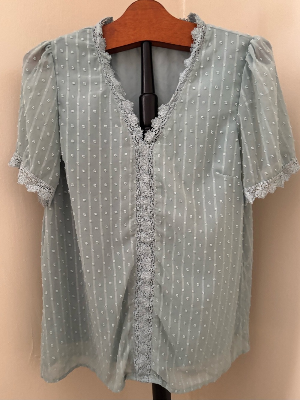 Sea foam Light Blue Lace-Trim Feminine Romantic Short Sleeve V-neck Blouse